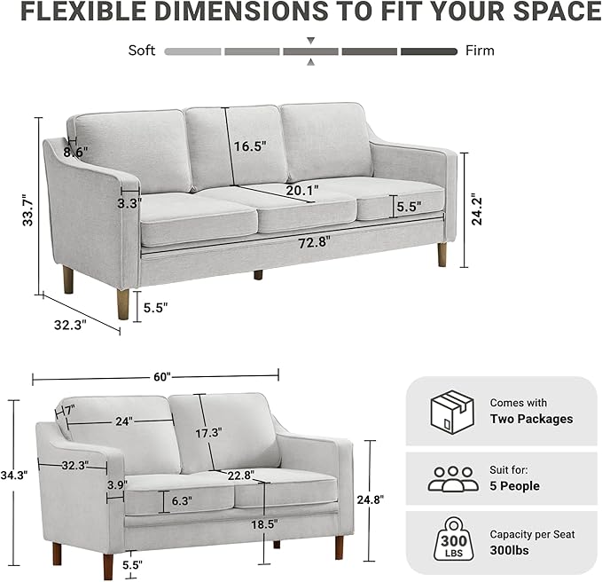 Kingfun Living Room Furniture Sets, 3 Seater Couch and Loveseat, Mid Century Modern Sofa Set, Chenille Couch with Solid Wood Frame for Living Room & Bedroom, Silver Gray
