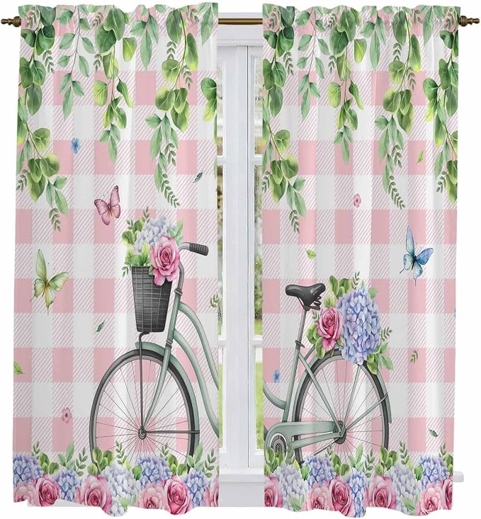 Spring Kitchen Curtains, Bicycles Leaves Butterfly Flowers Pink Buffalo Plaid