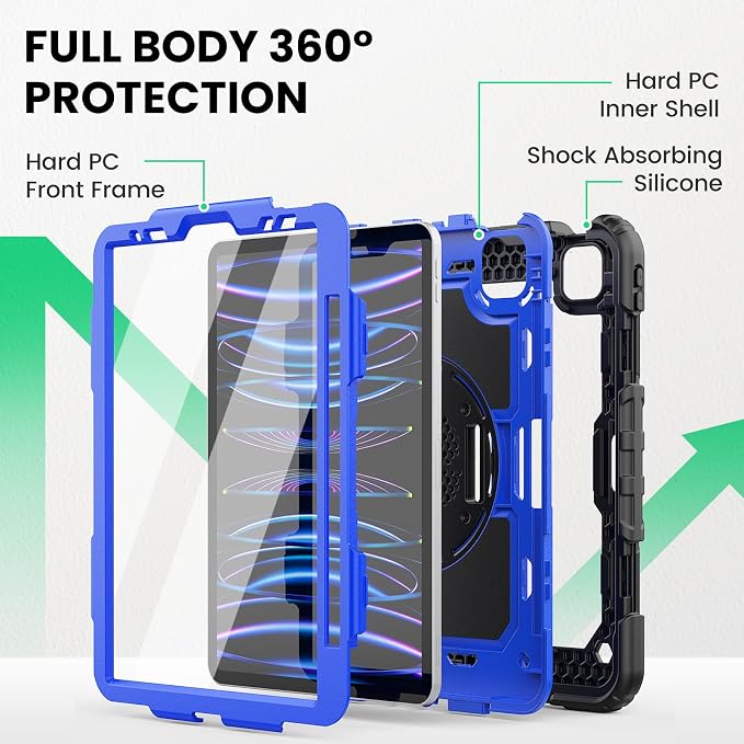 SEYMAC Case for iPad Pro 11 4th/3rd/2nd/1st Gen 2022-2018 Black | Full-Body Shockproof Protective Built-in Screen Protector 360° Rotating Stand Hand/Shoulder Strap Pencil holder
