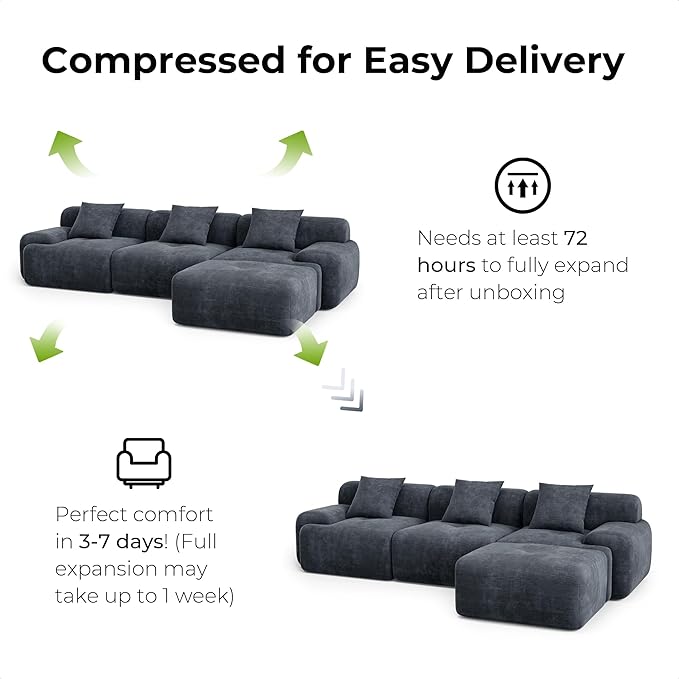 LIKIMIO 118" Modern L-Shaped Modular Sectional Sofa for Living Room, Corduroy Upholstery Charcoal Blue, Oversized 3-Seater Couch with Deep Seat and Movable Ottoman – No Assembly
