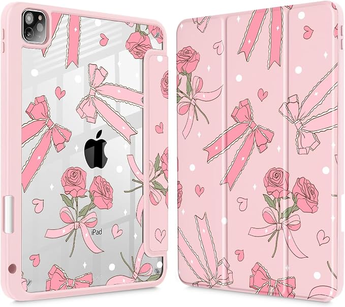 Tuiklol for iPad Pro 11 Inch 4th / 3rd / 2nd / 1st Gen (2022 2021 2020 2018) Case -Built-in Pencil Holder Shockproof Cover Clear Transparent Back Shell with Auto Wake/Sleep Black Flower