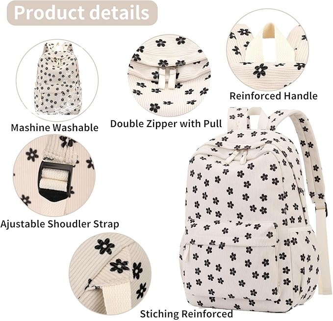 Backpack for Girls Boy Teen Corduroy Bookbags Elementary Middle High School Women Laptop Bag with Lunch Box Pencil Bag (Flower Black)