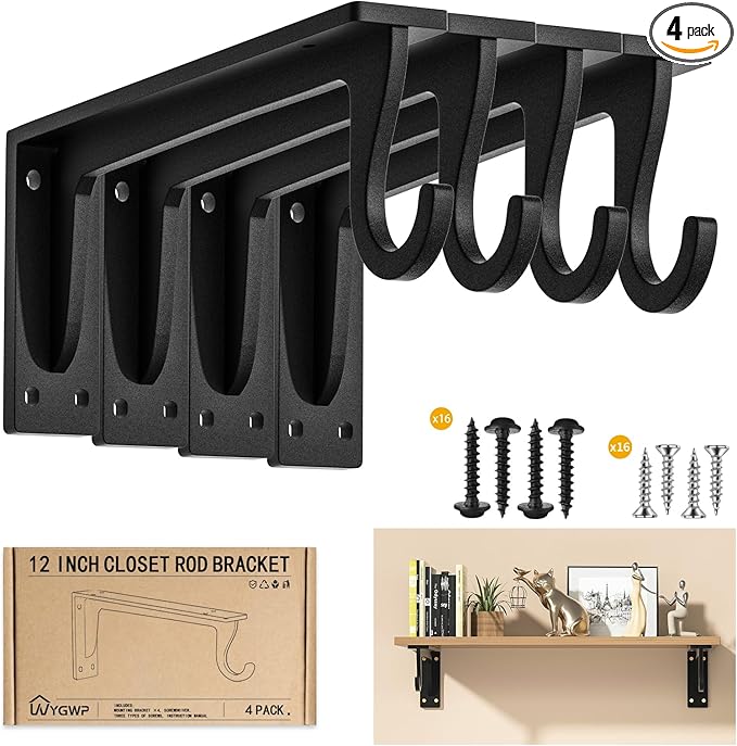 Closet Rod Support Bracket 12inch WYGWP Heavy Duty Closet Rod Holders 400lbs, Wall Mounted Brackets with Hooks for Closets for Home and Decor