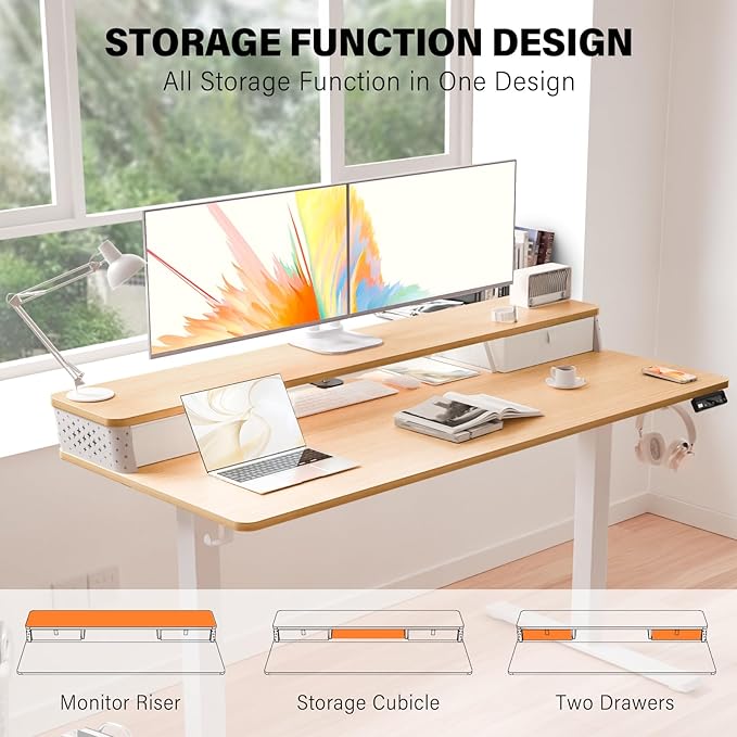 Electric Standing Desk with 2 Drawers 55''x 24'' Adjustable Height Sit to Stand Up Desk with Storage Shelf, C-Clamp Mount Compatible Home Office Desks Computer Gaming Table Ergonomic Workstation