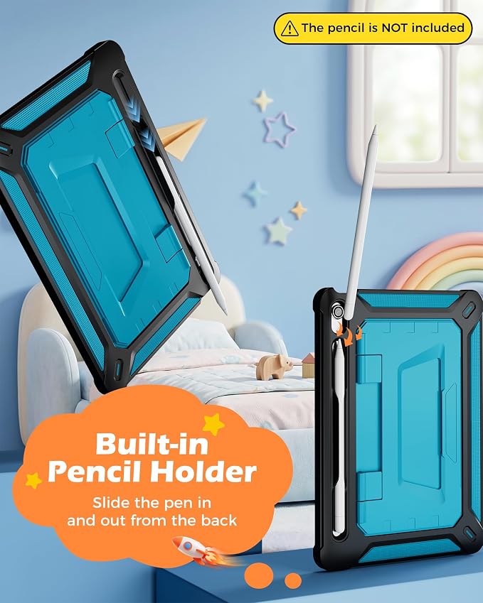 ProCase Kids Case for 11 iPad (A16) &amp 10.9 iPad 10th Gen Black | 180° Adjustable Kickstand with Pencil Holder 3-Layer Heavy Duty Rugged Shockproof Hard Shell Cover