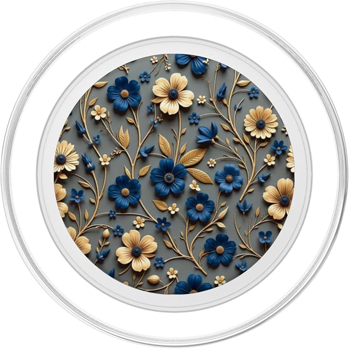 Beige and Blue Floral Print with Leaves Design PopSockets Adhesive PopGrip