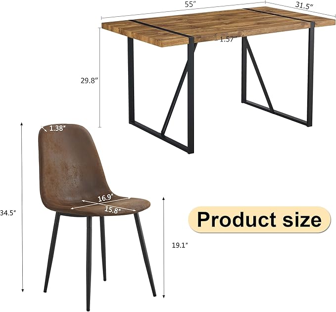 Rustic 7 Piece Dining Room Table Set for 6 People, Mid Century Modern 55 Inch Rectangle Wood Kitchen Dining Table with 6 Fabric Chairs Set, Suitable for Kitchen Dining Room