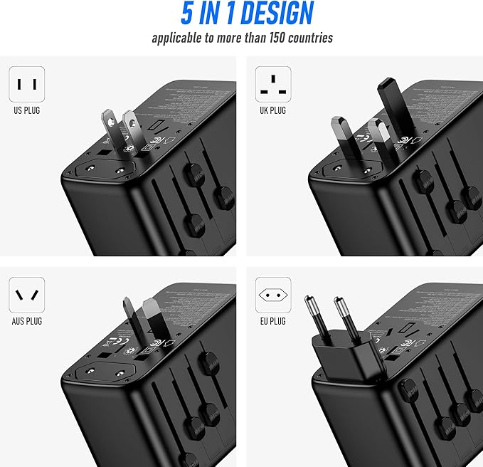 120W Universal Travel Adapter, GaN III International Power Adapter, 4 USB-C 1 USB-A Ports, AC Outlet, Worldwide US/UK/EU/AU Travel Charger for Cameras Laptops Tablets Phones and More
