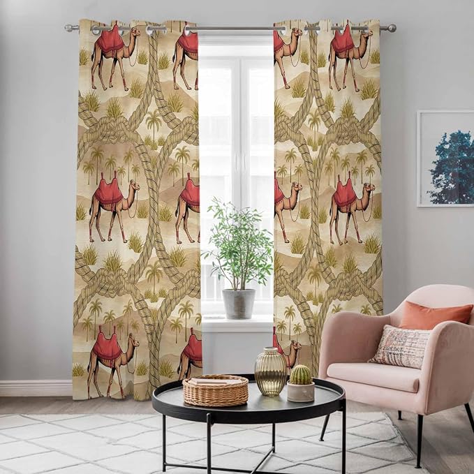2 Panel Kitchen Cafe Curtains, Desert Camels Sunlight Filtering Nature Air