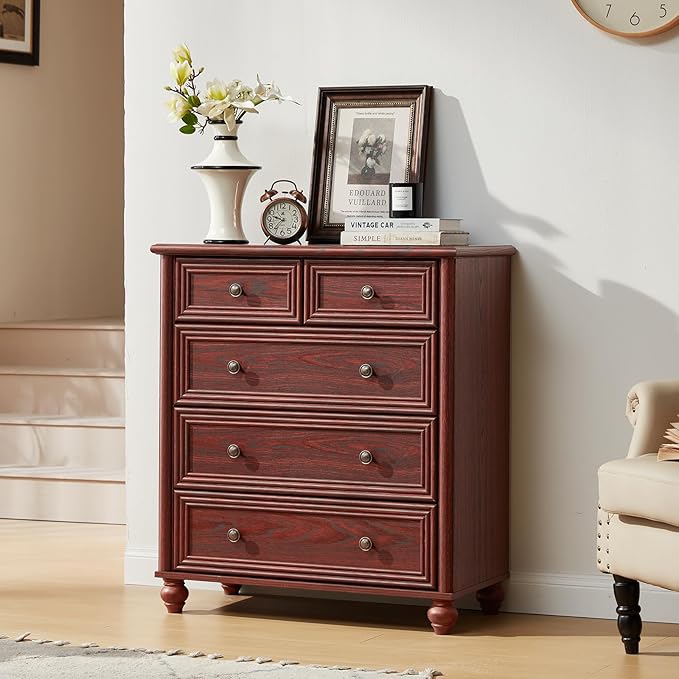 Farmhouse 5 Drawer Dresser for Bedroom, 35.5" Tall Small Dressers & Chest of Drawers, Rustic Wood Dresser with Roman Column, Storage Organizer for Living Room, Hallway, Closet (Red Oak)