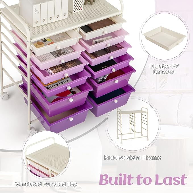 COSTWAY 12-Drawer Rolling Storage Cart, Moveable Art Craft Organizer W/Lockable Wheels, Metal Shelf, Files Arrangement Tools Makeup Storage Cart for Office, Home, School, Purple Gradient