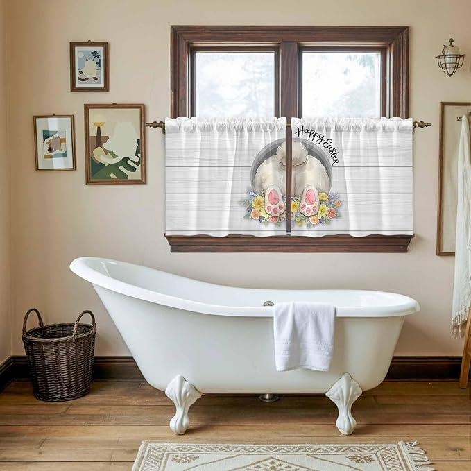 Easter Bunny Kitchen Tier Curtains 24 Inch Long 2 Panel Set, Rod Pocket Cafe