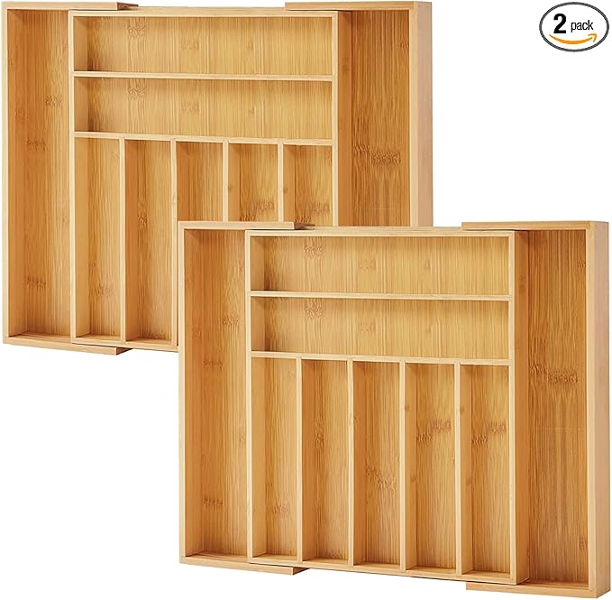 Purawood Kitchen Drawer Organizer - Expandable Utensil Drawer Organizer for Kitchen, Cutlery Tray & Silverware Organizer, 3-5 Slots - Bamboo Organizer for Utensils & Flatware (Grey)
