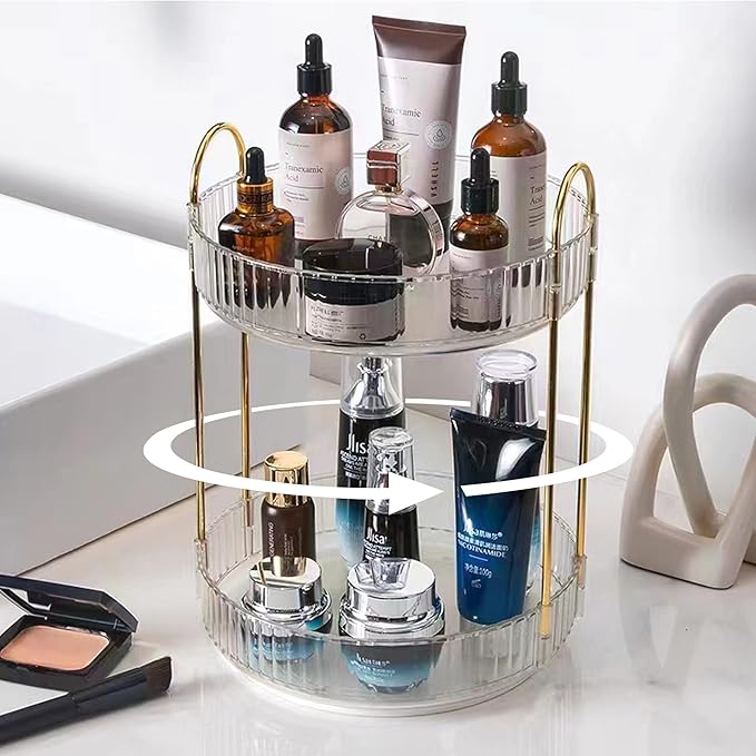 Rotating Makeup Organizer for Vanity, High-Capacity Skincare Clear Make Up Storage Perfume Organizers Cosmetic Dresser Organizer Countertop 360 Spinning (Clear, 2 Tier)