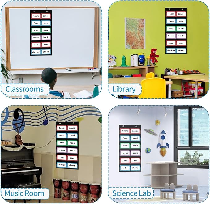 10”W x 25”H Classroom Words Pocket Chart with 6 Clear Pockets, Black Standard Pocket Chart for Classroom and Home for Sentence Strips, Reusable Words Hanging Pocket Chart (Black)