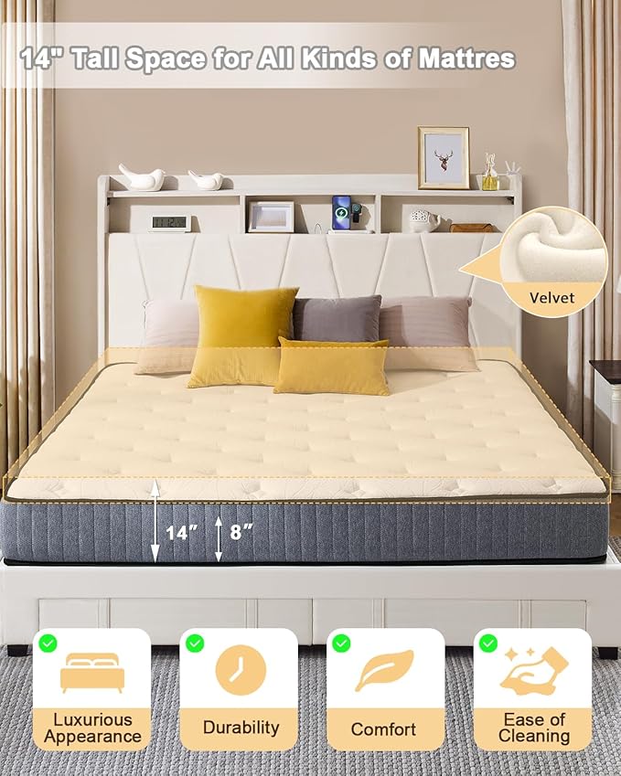 King Size Bed Frame, Velvet Upholstered LED Platform Bed with Headboard Storage, King Bed Frame Built-in Charging Station with 2 Drawers, Wood Slat Support, No Box Spring Needed, Beige