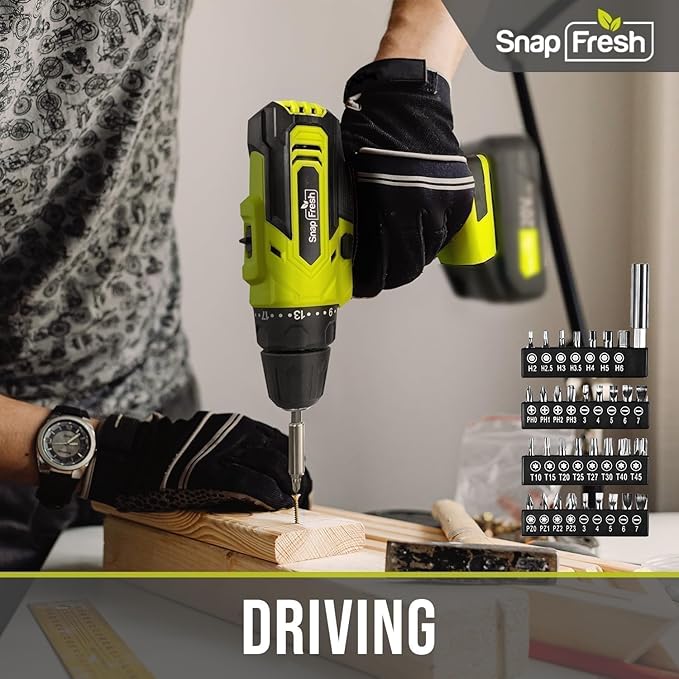SnapFresh Cordless Drill, 20V Power Drill Set with 2 Variable Speed, 21+1 Torque Setting, Lightweight, LED, 43pcs Drill Bits, Impact Drill Set for Home, DIY (Battery & Charger Not Included)
