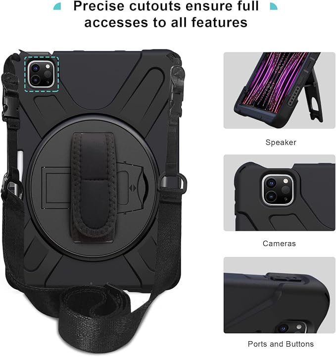 ProCase for iPad Pro 12.9 Inch Case 2022 2021 2020 2018 Rugged Heavy Duty Shockproof Cover with Hand Strap Shoulder Strap for iPad Pro 12.9 6th 5th 4th 3rd Generation –Black