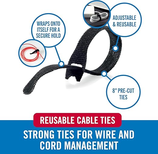 VELCRO Brand ONE-WRAP Cable Ties, Strong Construction Narrow Width 1/4 in x 8 in Pre-Cut Ties, 25ct, Black For Cable, Wire and Cord Management