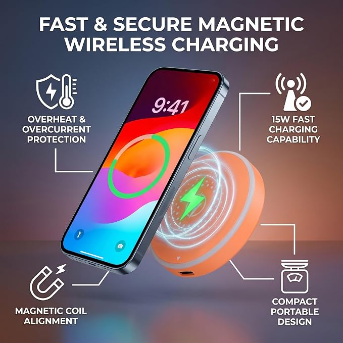 Magnetic Wireless Charging Pad 15W Fast Charging with Overcurrent Overheat Protection and Built in Magnet for iOS 16 17 Phone Wireless Device (Black)