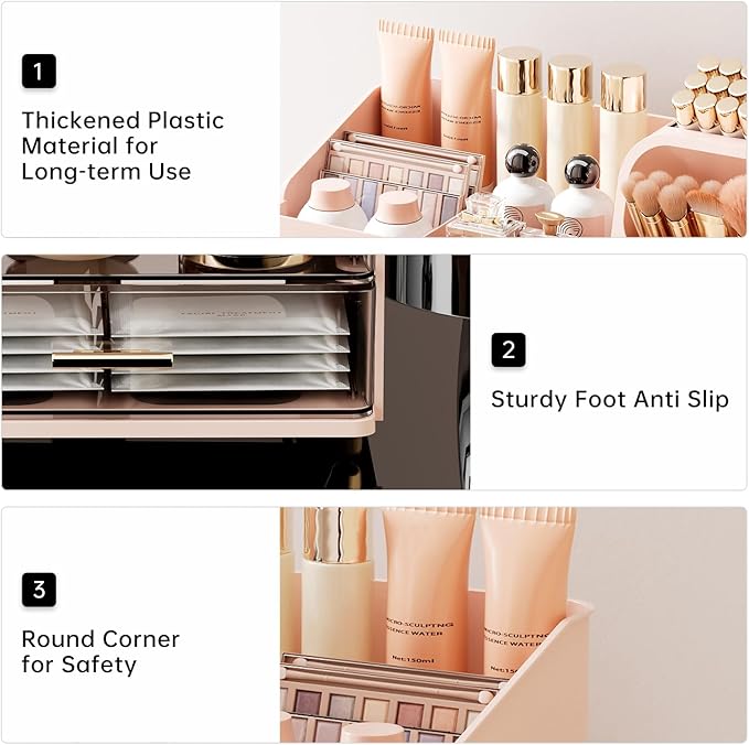 Makeup Organizer for Vanity with Brush Holder, Countertop Organizer with 2 Drawers, Spacious Cosmetic Display Case for Beauty Essential, Skincare, Lipstick