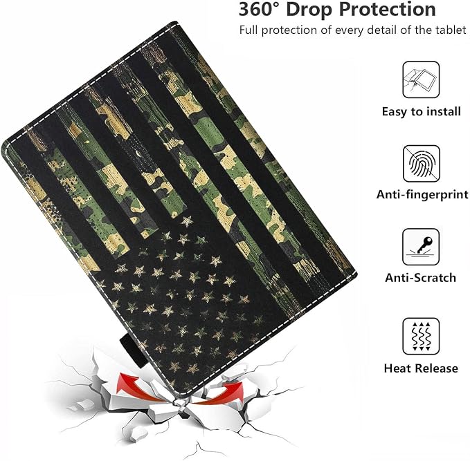 Case for Amazon Kindle Fire HD 10 &amp 10 Plus Tablet 10.1 (13th/11th Generation 2023/2021 Release) - PU Leather Folio Case with Smart Auto Wake/Sleep American Flag Camo