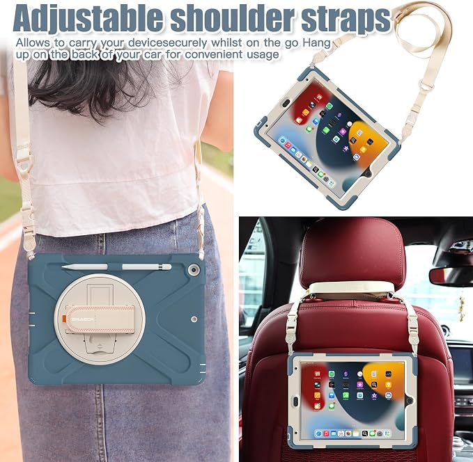 BRAECNstock Shockproof Case for iPad 9th/8th/7th Gen 10.2 Blue | All-in-1 Case Hand Strap &amp Stand Shoulder Straps Pencil Holder Screen Protector – For Office Commute &amp Presentation