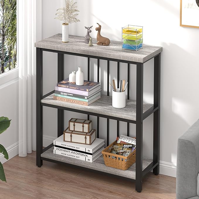 FOLUBAN 3 Tier Bookshelf, Short Bookcase for Small Space, Modern Wooden and Metal Book Shelf for Living Room Bedroom Office (Light Grey Oak)