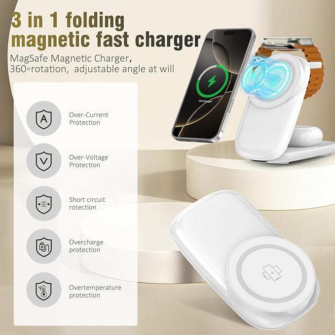 Foldable Wireless Charger, Fast Max Charging for iPhone 16/15/14/13/12 Pro Max, 3 in 1 Charging Station for Apple Watch 10－3 & AirPods Pro/4/3（White