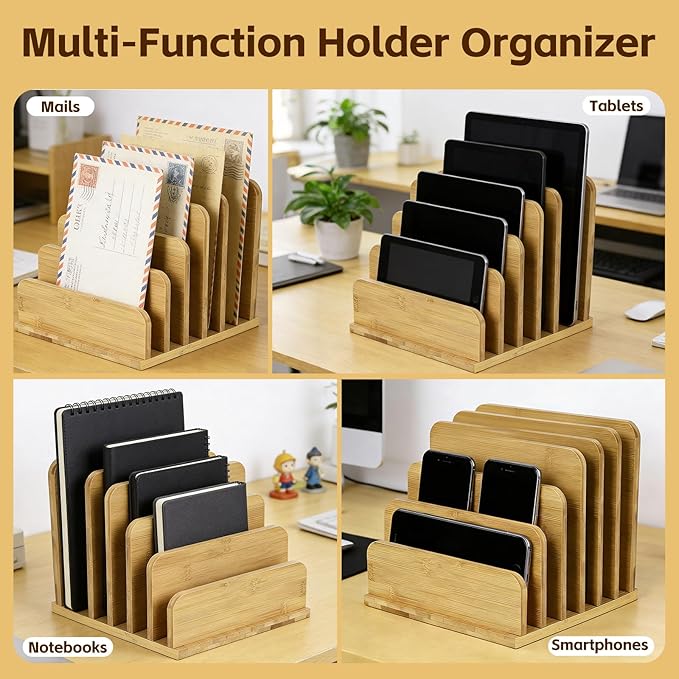 Device Organizer Holder 5 Slots Bamboo Stand for Organizing Electronic Devices Organize Tablets Smartphones Laptops and Game Consoles Slot Width are Adjustable Also Organize Mails and Files