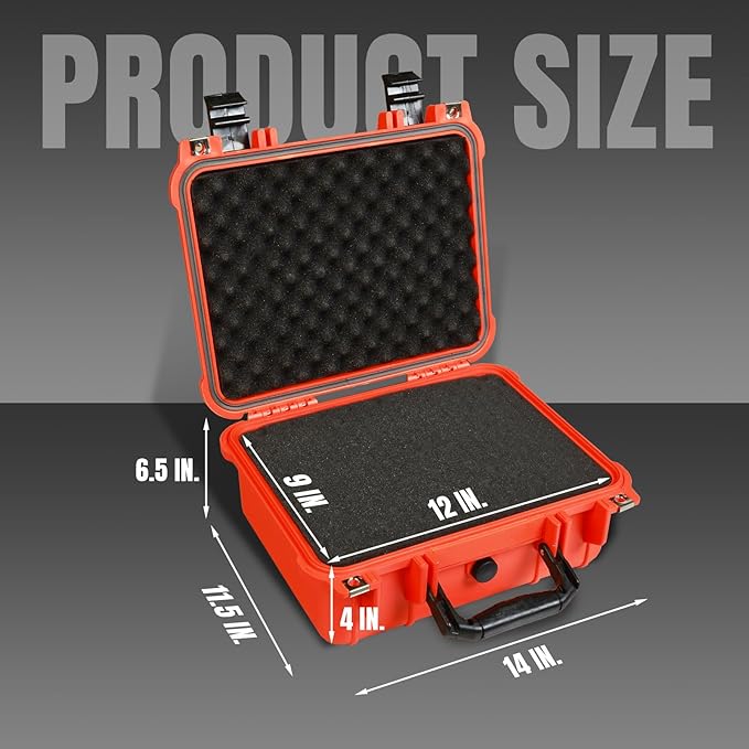 14x 11.5x 6.5 Inch Hard Case, Portable Weather Waterproof Protective Camera Case with Customizable Foam, Fit Use of Drones, Camera, Equipments, Orange