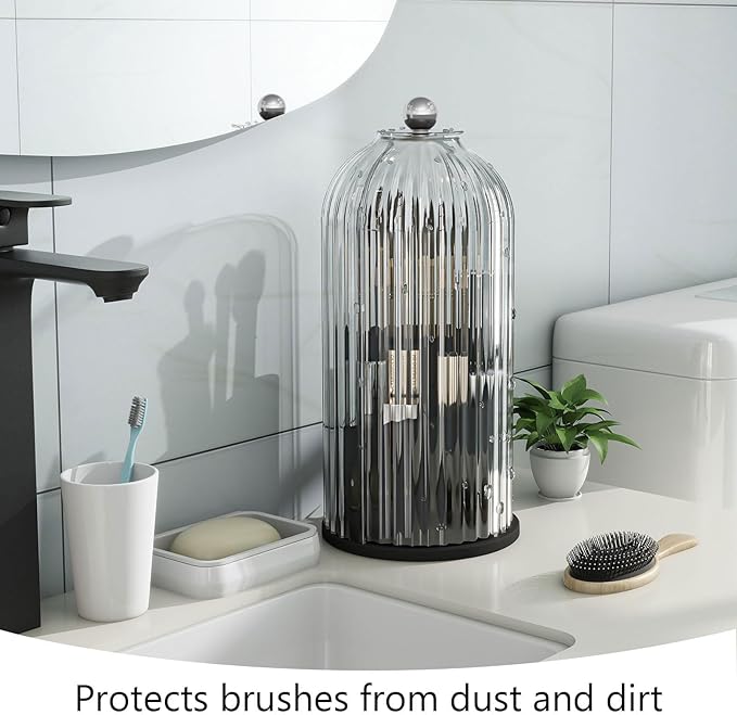 Makeup Brush Holder with Dustproof Cover 360 Rotating Makeup Brush Organizer for Vanity Bathroom, White/Black