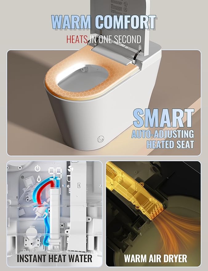 Luoware Smart Toilet with Bidet Built in, Auto Open/Close, Foam Shield, Foot Sensing Operation, Built-in Tank & Pump-Assisted Auto Flush, Wider Heated Seat, Luxury One Piece Elongated Bidet Toilet
