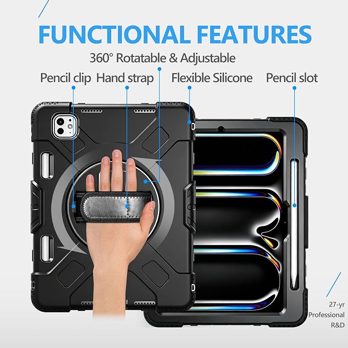 Case for iPad 9th/8th/7th Generation 10.2 Inch Black | Shockproof Protective Silicone Cover with Rotatable Stand-Screen Protector-Handle- Shoulder strap- Pencil holder