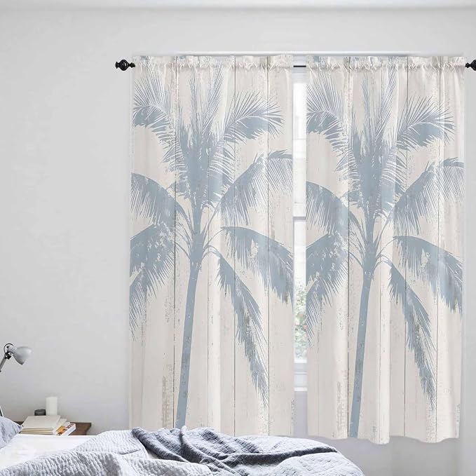 Summer Coconut Tree on Vintage Wood Grain Window Valance Curtains, Seaside