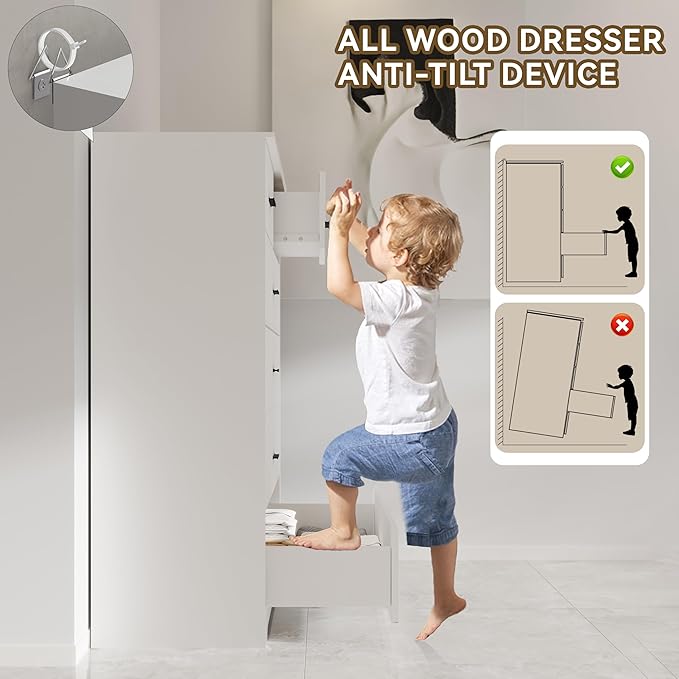 Dresser with Power Outlets Wooden 6 Drawer Dresser with Large Organizer White Tall Storage Organizer with Smooth Metal Rail Modern Chest of Drawers Closet for Bedroom Hallway