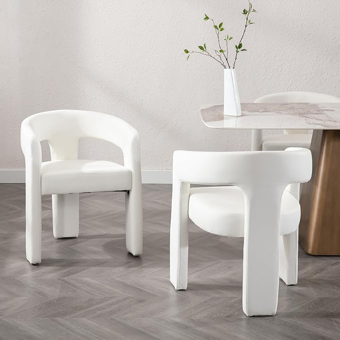 Set of 4 Modern PU Leather Upholstered Dining Chairs with Open-Back, Cute Barrel Side Chairs Kitchen Armchair Accent Chairs for Dining Room Bedroom, White