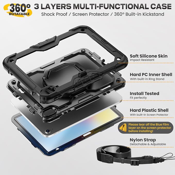 SEYMAC stock Handle Case for iPad (A16) 11th / 10th Gen 11'' /10.9'' Black | Full-Body Drop Protection Shockproof Case Pencil Holder Screen Protector 360 Ring Handle Stand 2025/2022 Released