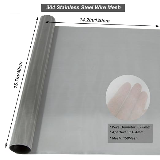 304 Stainless Steel Mesh 150Mesh, 15.7"x47.2" Metal Mesh Screen, Woven Fine