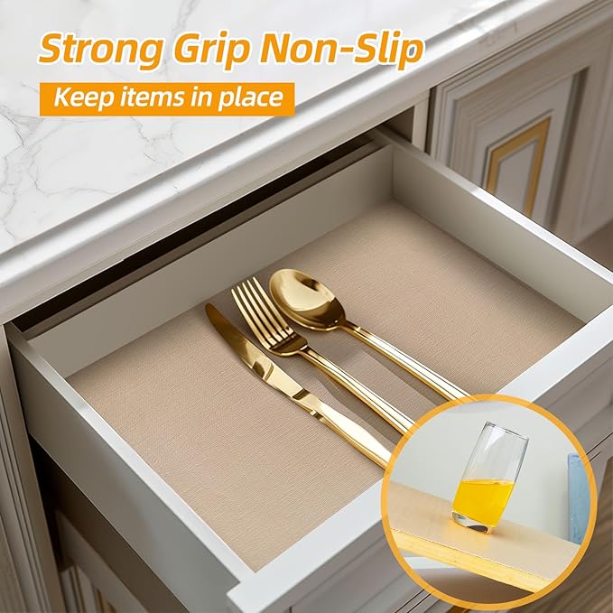 Shelf and Drawer Liner for Kitchen Cabinets Non-Adhesive, Strong Grip Non-Slip Thickened Cabinet Liners for Shelves, Waterproof Mats for Dresser Cupboard, Khaki, 12 in x 30 Feet