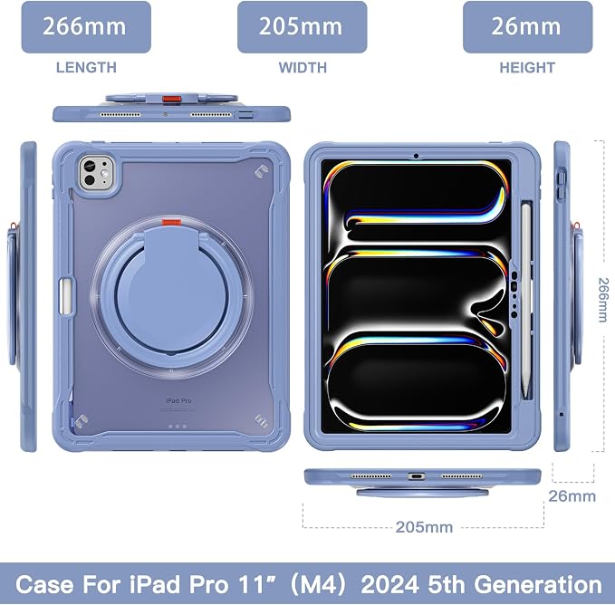 Batianda HaloCarry Case for iPad Pro 11 inch 2025 M5 2024 M4 Lavender Grey | Lightweight Dual-Layer Rugged Case with 360° Rotating Carry Ring Handle Stand and Pencil Holder Reinforced Corner Defen