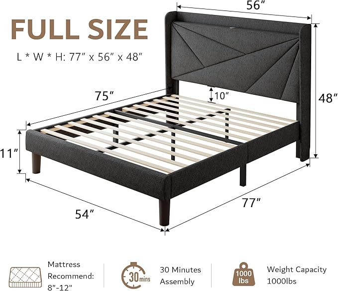 iPormis Full Size Bed Frame with Charging Station, Linen Platform Bed Frame with Wingback Headboard Upholstered Bedframe, Solid Wood Slats Support, No Box Spring Needed, Easy Assembly, Dark Grey