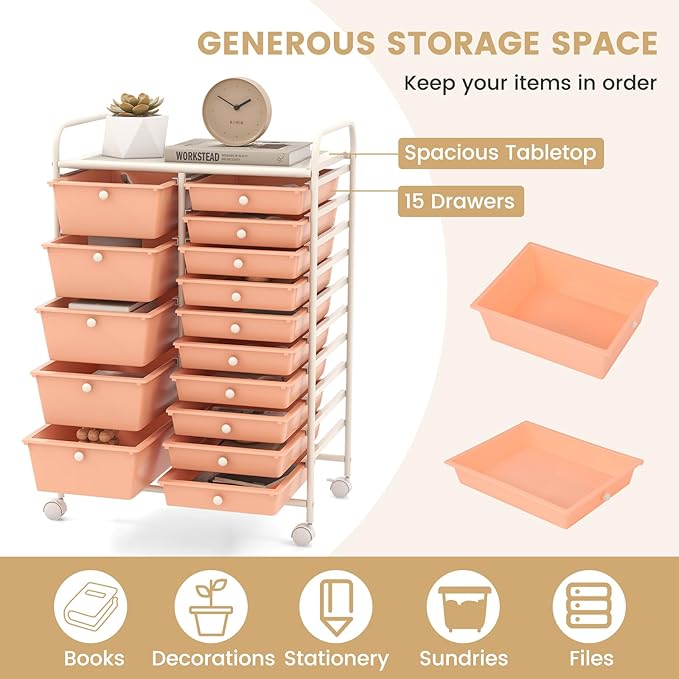 COSTWAY 15 Drawer Rolling Storage Cart, Mobile Utility Cart with Lockable Wheels, Drawers, Multipurpose Organizer Cart for Home, Office, School, Peach