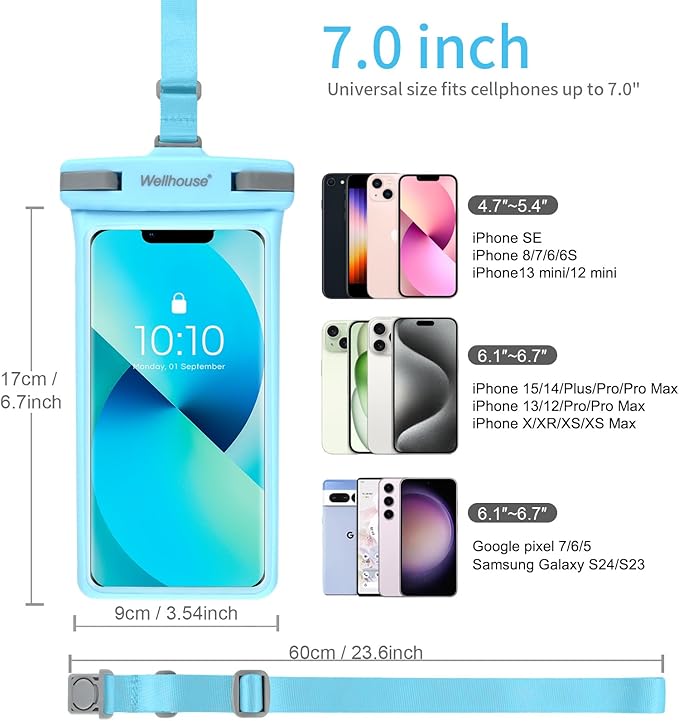 wellhouse Waterproof Phone Pouch, Waterproof Phone Case for iPhone 16 15 14 13 12 Pro Max XS Samsung, IPX8 3D Cellphone Dry Bag Beach Essentials (1 Pack - Light Blue7.0, 7 inch)