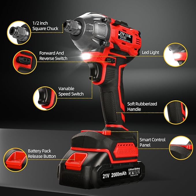 Cordless Impact Wrench, 21V Torque Power Impact Driver, 1/2" Power Impact Wrenches with 2 * 2.0Ah Batteries with 19 Accessories, Electric Impact Motor Variable Speeds for home installation (red)