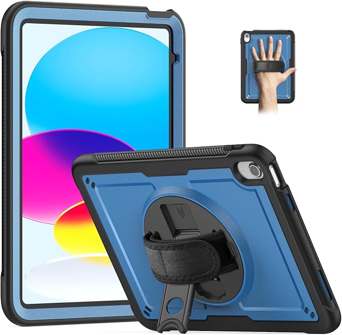 Case for iPad (A16) 11th Generation 11 inch 2025 Lightweight Rugged Dual-Material Design 360° Rotating Adjustable Leather Hand Strap Foldable Kickstand Durable with Full ProtectionBlue