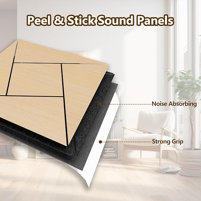 ARMURO 4 Packs Acoustic Wall Panels - Self-Adhesive 3D Wood Slat Wall Panel- Peel and Stick Sound Absorbing Panels for Noise Reducing - Feature Wall Decor for Home & Office