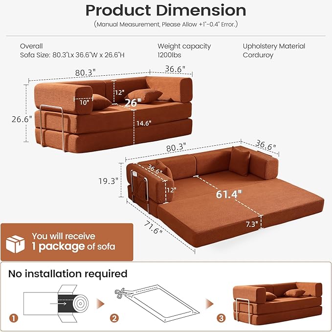 Folding Sofa Bed Convertable Corduroy Couch King Size Floor Sleeper 4-in-1 DIY Combination Modular Sofa Fold Out Futon Lounge Comfy Foldable Lazy cama for Living Room (Orange, 80.15")