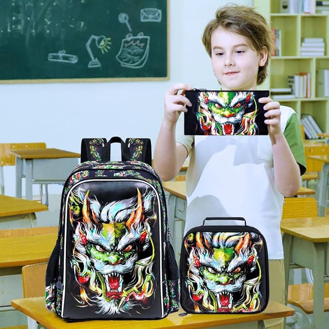 KLFVB 3PCS Boys Bookbag, 17" Kids Backpack and Lunch Box, Water Resistant Teenagers School Bag for Middle Elementary - Green Dragon