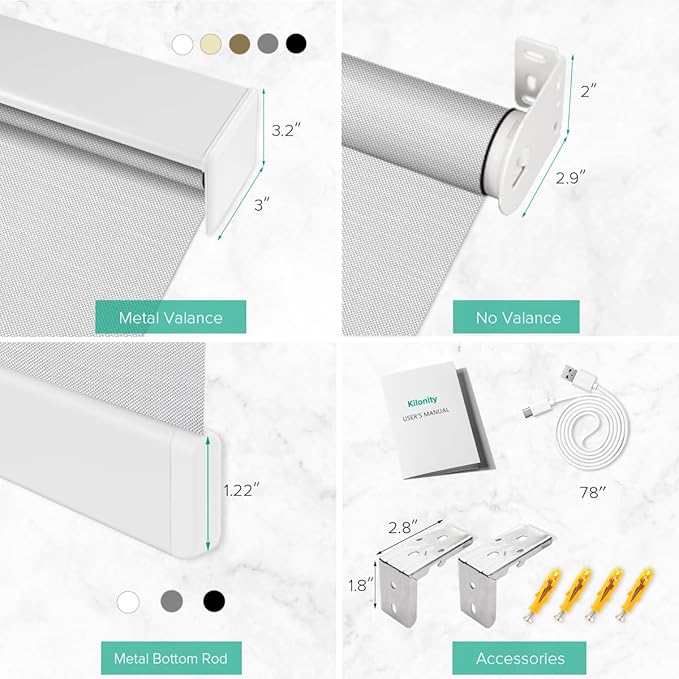 Kilonity Motorized Roller Shades, Light Filtering Remote Control Custom Window Shades Compatible with Alexa Google Assistant via RF Hub, Rechargeable Electric Blinds for Windows (Fireproof Silver)